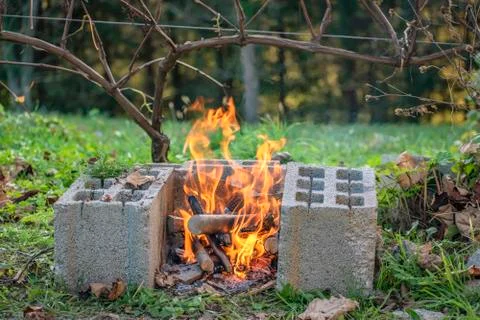 Small tree branches burning with wonderful orange flame in outdoor fire place. Stock Photos