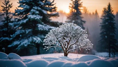 A small tree is covered in snow and is standing in the snow Illustrazione stock
