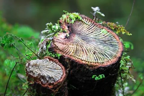 A small tree is cut near the base revealing the pattern of the veins inside Stock Photos