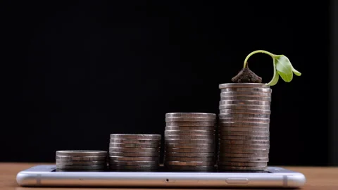 Small tree growing on coins stack and smart phone stop motion. Stock Footage 153805444