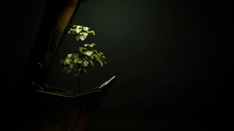A small tree seedling in a large excavator bucket in the spotlight - 3D Ill.. Illustration