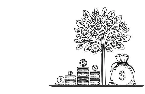A small tree sprouts growing in stacking coin and money bag, financial goal.. Stock Illustration