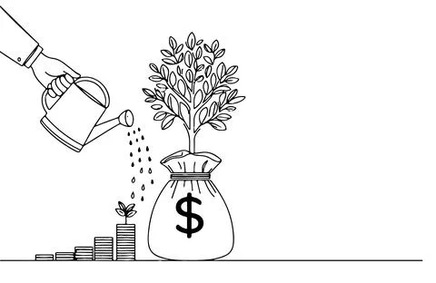 A small tree sprouts growing in stacking coin and money bag, financial goal.. Stock Illustration