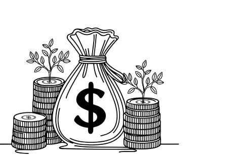 A small tree sprouts growing in stacking coin and money bag, financial goal.. Stock Illustration