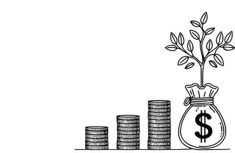 A small tree sprouts growing in stacking coin and money bag, financial goal.. Stock Illustration