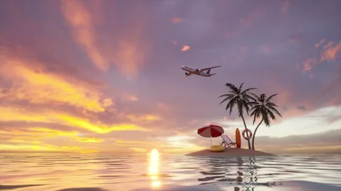 Small Tropical Island Palm Tree Silhouette Sunset Ocean Background Stock Footage 337815471