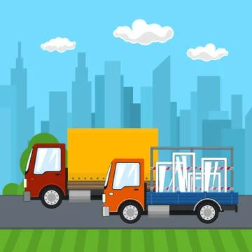 Small Trucks Drive on the Road Stock Illustration