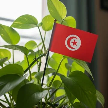 A small Tunisian flag is planted in a lush green plant near a window with natura Stock Photos