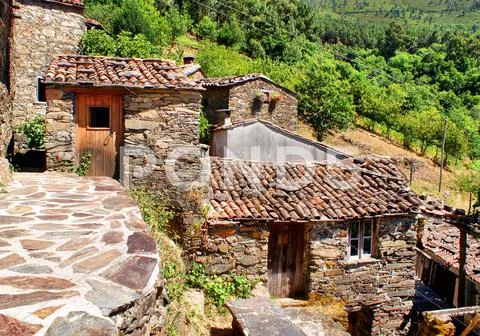 Small typical mountain village of schist Stock Photos