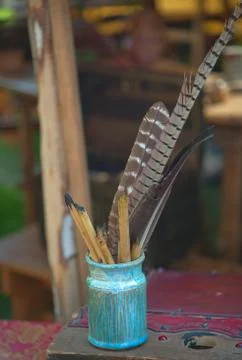 Small vase full with tools for medieval clerk Stock Photos