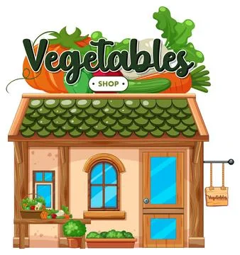 Small Vegetable Shop Storefront with Fresh Produce Sign Ilustración de archivo