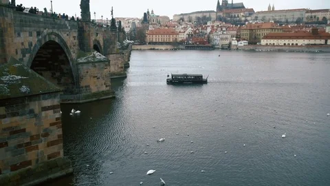 The small vessel goes down the river Vltava. Stock Footage 71322235