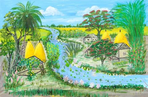 Small village huts by river after harvest Stock Illustration
