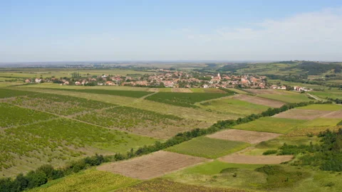 A small village in the valley surrounded by fields of vineyards Stock Footage 138226693