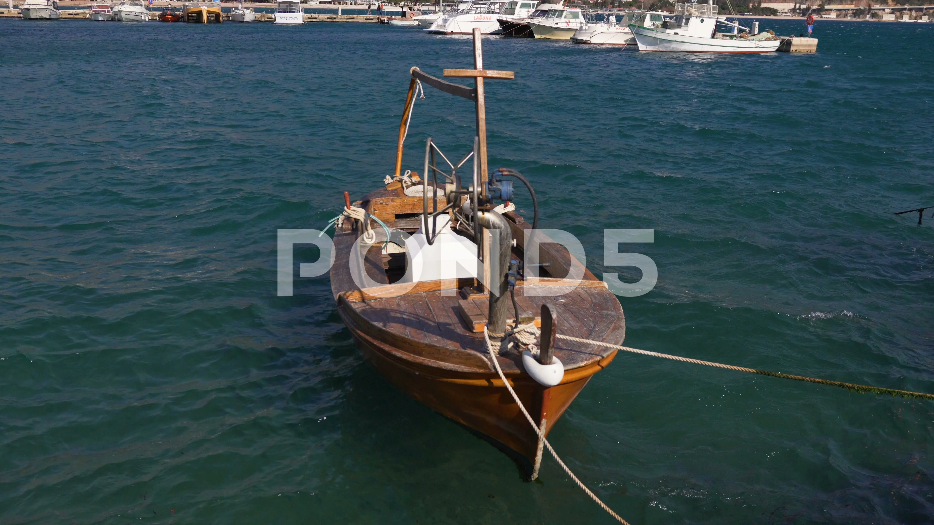 Small vintage fishing boat in the marina, Stock Video