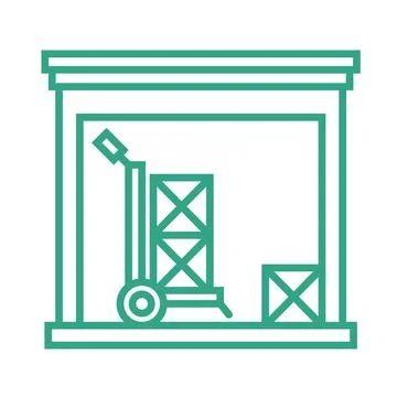 Small warehouse with boxes and parcel trolley. Outline icon isolated on whi.. Illustrazione stock