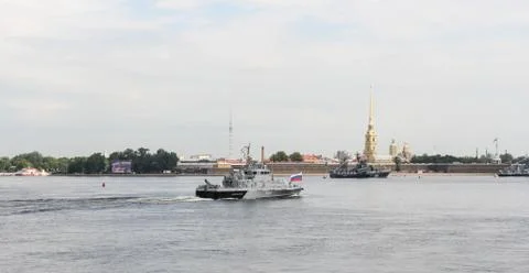 Small warships on the river. Stock Photos