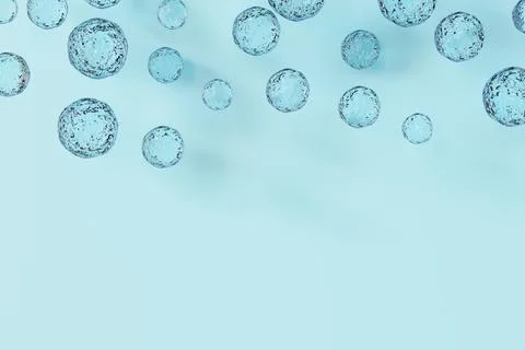 Small water bubbles appear to drift on a soft blue surface. Light reflects .. Stock Illustration