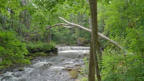 A small water fall on the river in Nommeveski Estonia Stock Footage 94837801