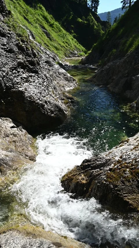 A small waterall of a mountain stream with a pond in summer, vertical Stock Footage 260878447