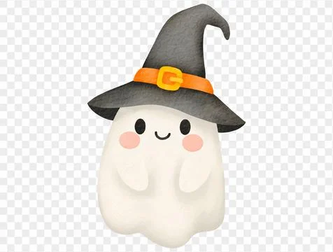 Small watercolor ghost with black witch hat cute Halloween vector. Illustrazione stock