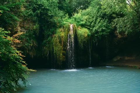 A small waterfall and a lake surrounded by trees in the summer. Wonderful lan Stock-Fotos