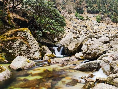 Small waterfall and rock pool in mountain stream, Kareri Lake, Himachal Pradesh. Stock Photos
