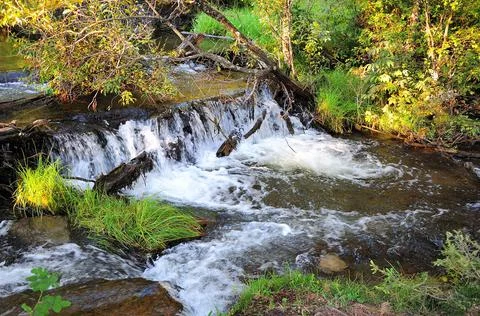 A small waterfall in the bed of a beautiful river flowing through the morning Stock Photos