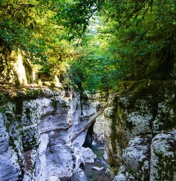 Small waterfall between white rocks with moss. Smooth water. Stock Photos