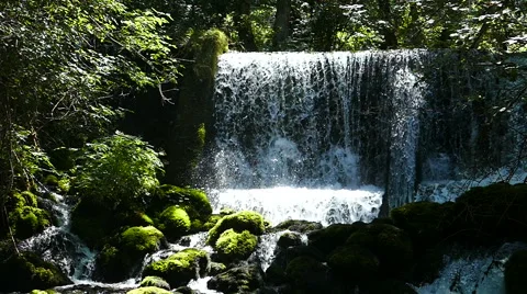 Small waterfall bottom in green forest / Slow motion Stock Footage 52528696