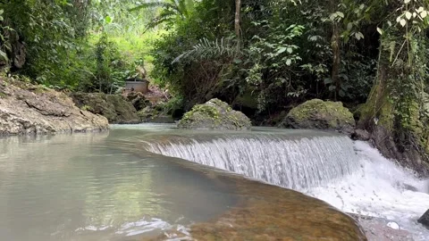 Small Waterfall Cascading in Lush Green Tropical Jungle River, Panning Shot Video stock 325304178
