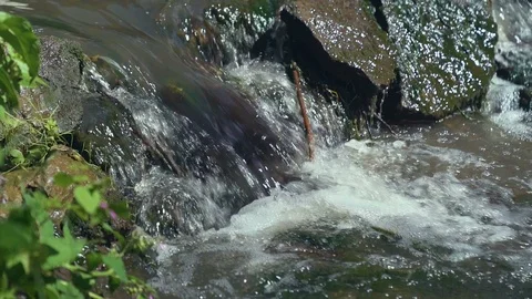 Small Waterfall Cascading over Rocks in Tropical Forest. Slow motion Stock Footage 92405250