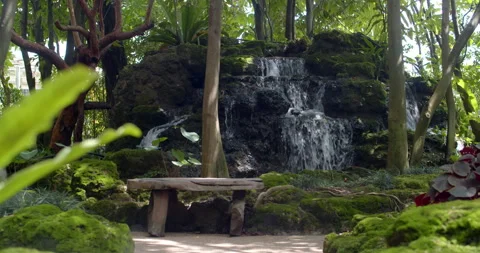Small waterfall cascading over rocks in a garden, surrounded by lush and natural Stock Footage 320318516