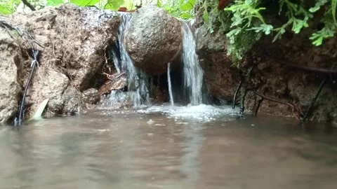 Small Waterfall Falling Into Clear Natural Pool in Forest Stock Footage 329781754