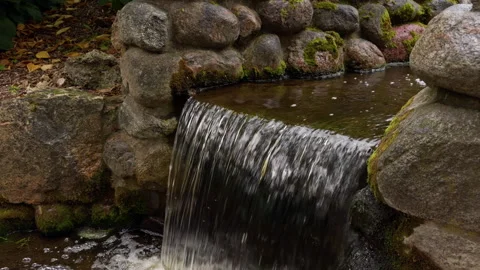 Small waterfall flowing over moss covered rocks into calm woodland pool in Stock Footage 345455956