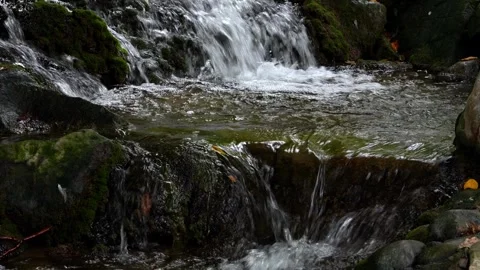 Small Waterfall Flowing Over Mossy Rocks in Slow Motion Stock Footage 318920646