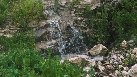 Small Waterfall Flowing Over Rocks In Lush Green Forest 스톡 동영상 332057959