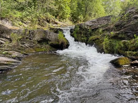 Small waterfall flowing through layered rocks in a forest. Stock Photos