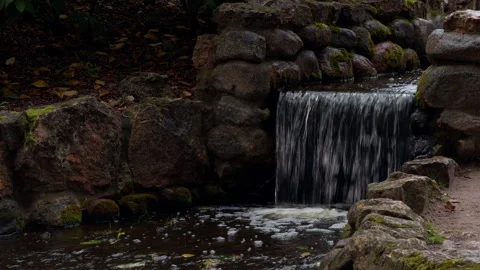 Small waterfall flowing through moss covered rocks in dark forest stream Stock Footage 345456167