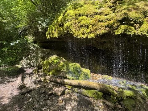 Small waterfall flowing through mossy rocks in a forest landscape Stock Photos