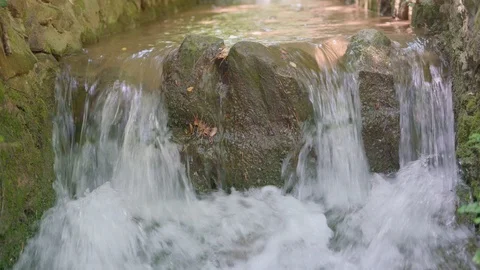 Small waterfall in the forest, front view. Stockbeeldmateriaal 111674255