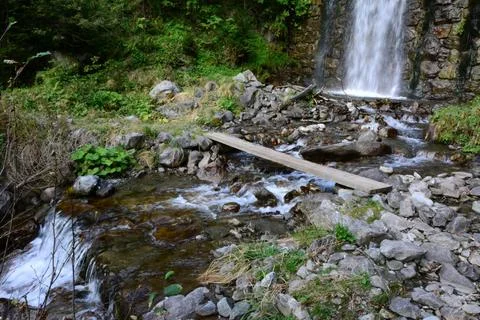 A small waterfall in the forest on a river between green trees.Natural summer Stock Photos