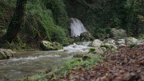 Small waterfall generating a stream of crystal clear water Video stock 263763667