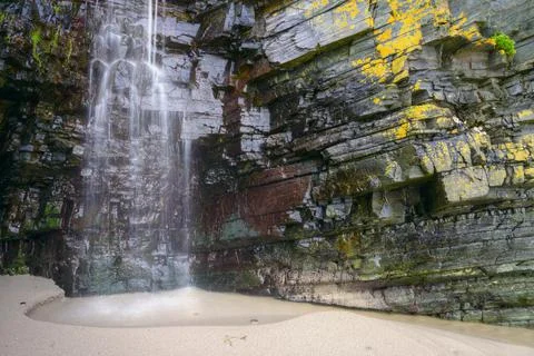 A small waterfall goes down to the beach by a cliff covered with various lich Stock Photos