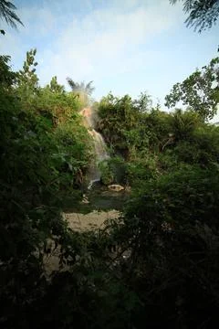 A small waterfall in the middle of a forest with a blue sky Stock Photos