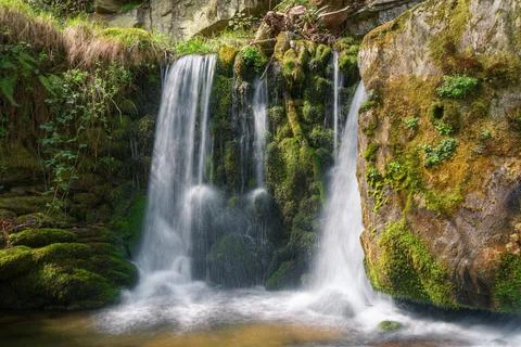 Small waterfall on a mossy wall in a limestone gorge Foto stock