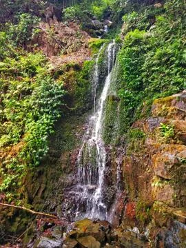 A small waterfall in the mountain road. Stock Photos