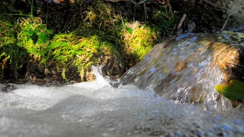 Small waterfall of mountain stream in a lot of foam in slow motion Stock Footage 124367142