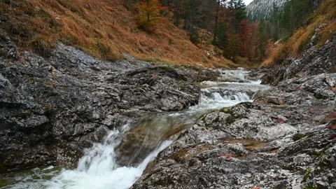 Small waterfall from a mountain stream in November Video stock 260847788