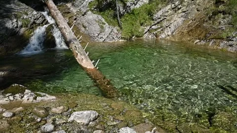A small waterfall from a mountain stream runs into a pool (slow motion) 스톡 동영상 260843187
